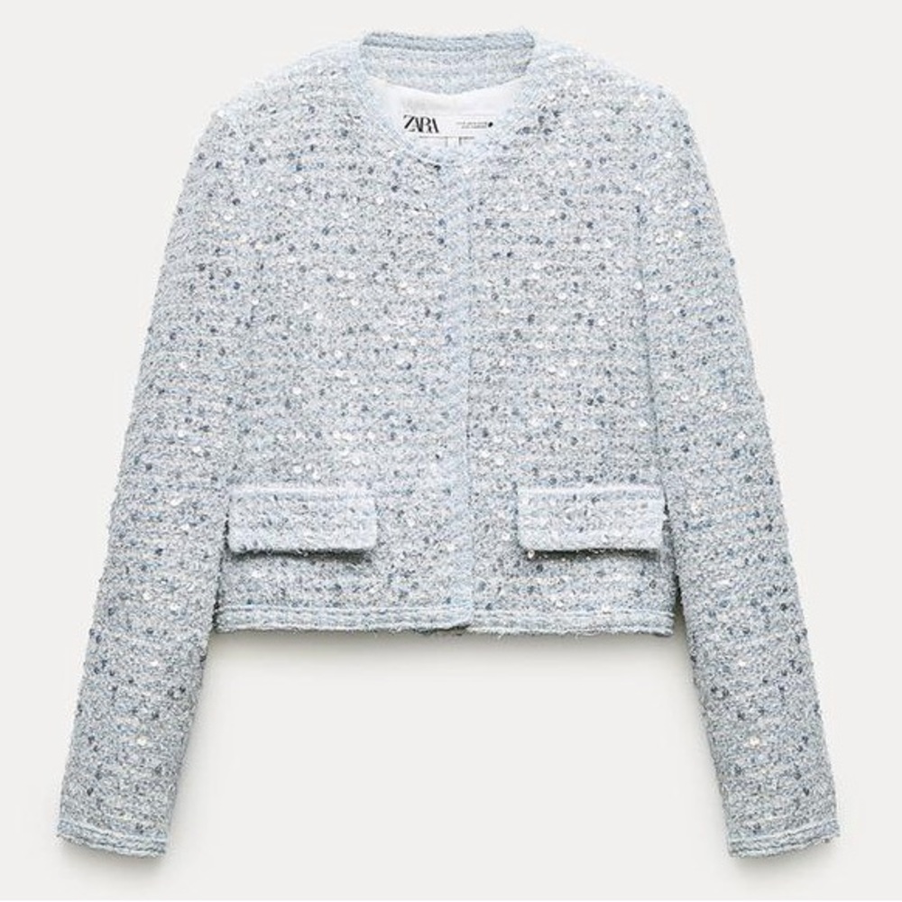 Zara ZW TWEED WEAVE TEXTURE SEQUIN CROPPED JACKET Blazer Blue/Silver Size XS NEW